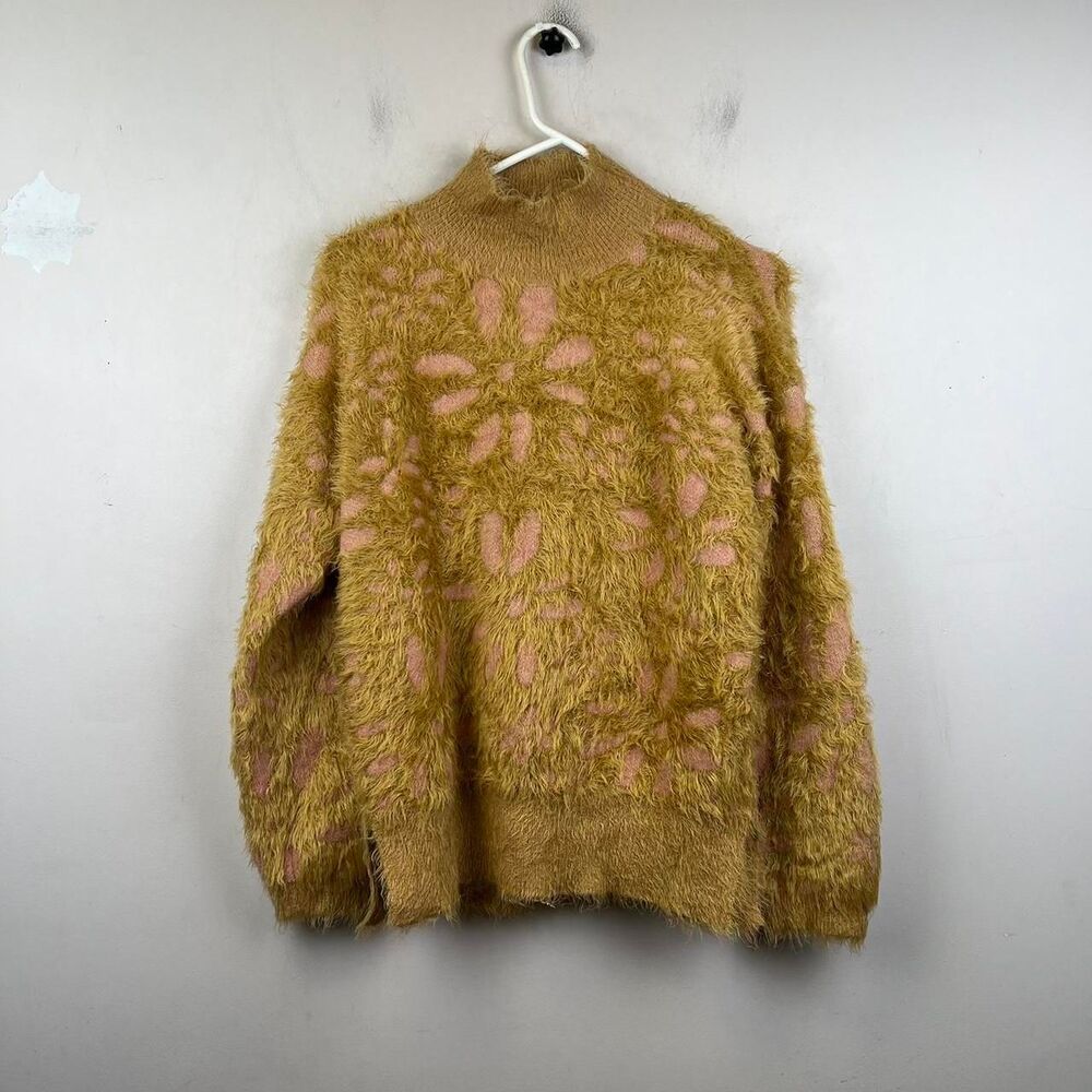 VOY Sweater Tan and Pink Striped Fuzzy Sweater Size S
